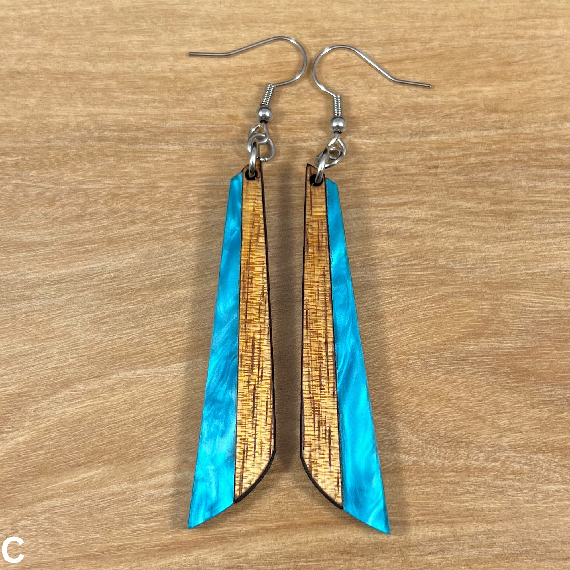 Acrylic and Koa Wood Earrings Blue Pearl