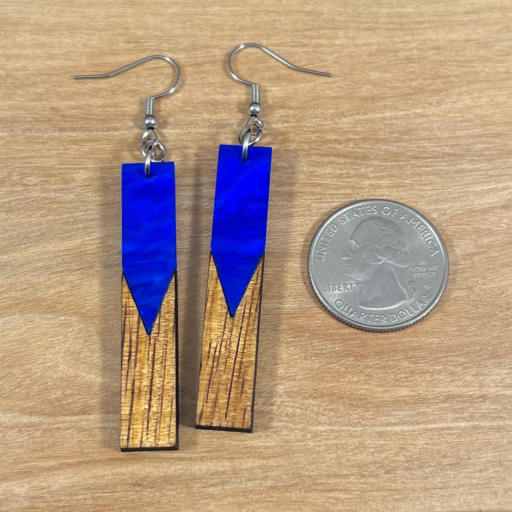 Acrylic and Koa Wood Earrings Ocean Blue Pearl