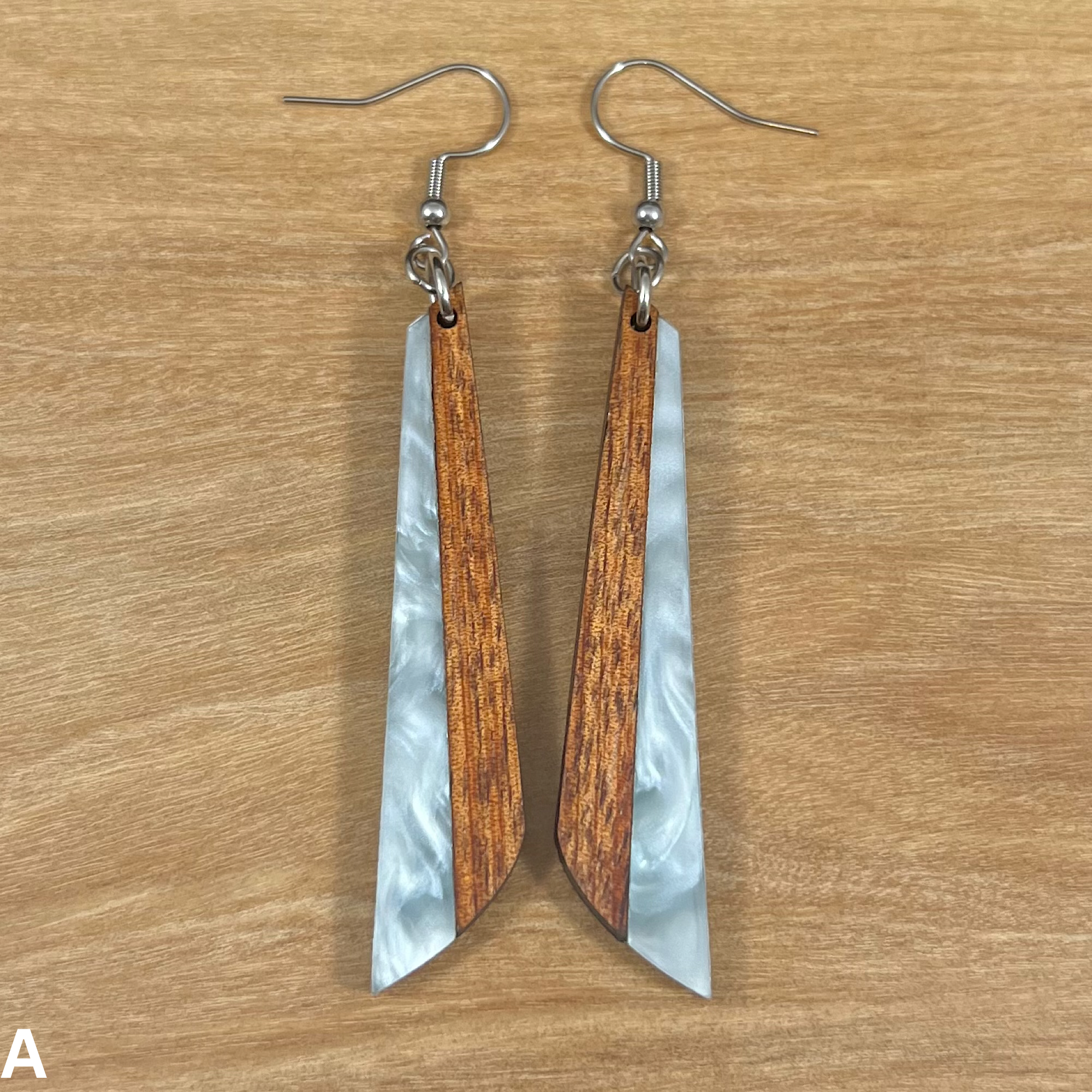 Acrylic and Koa Wood Earrings Light Blue Pearl