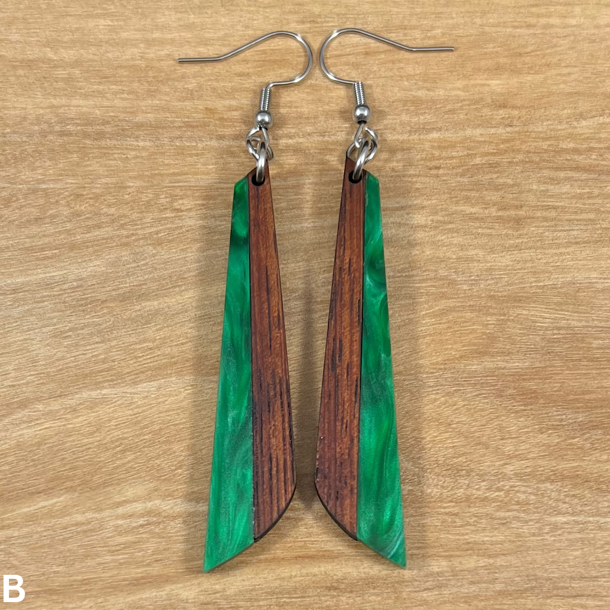 Acrylic and Koa Wood Earrings Green Pearl