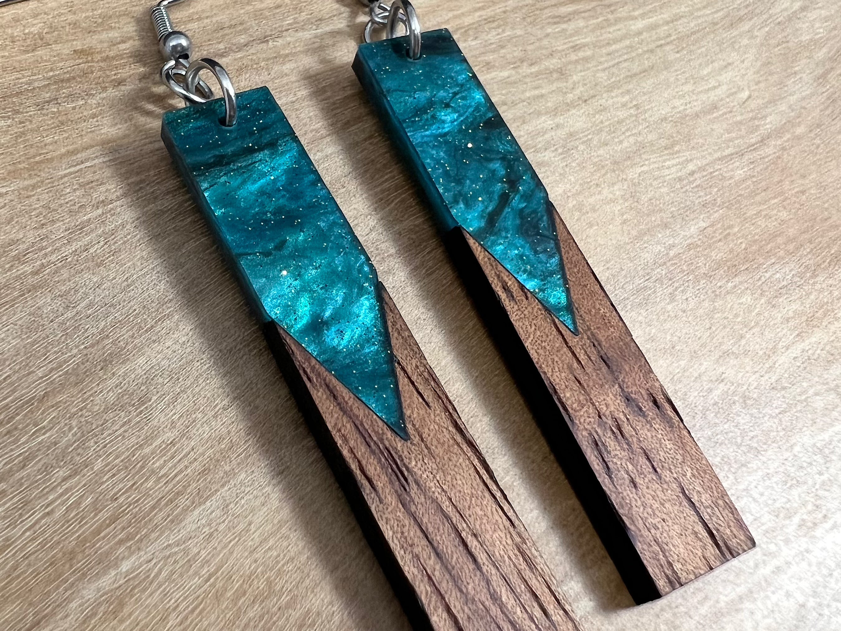 Acrylic and Koa Wood Earrings Emerald Starry Sky