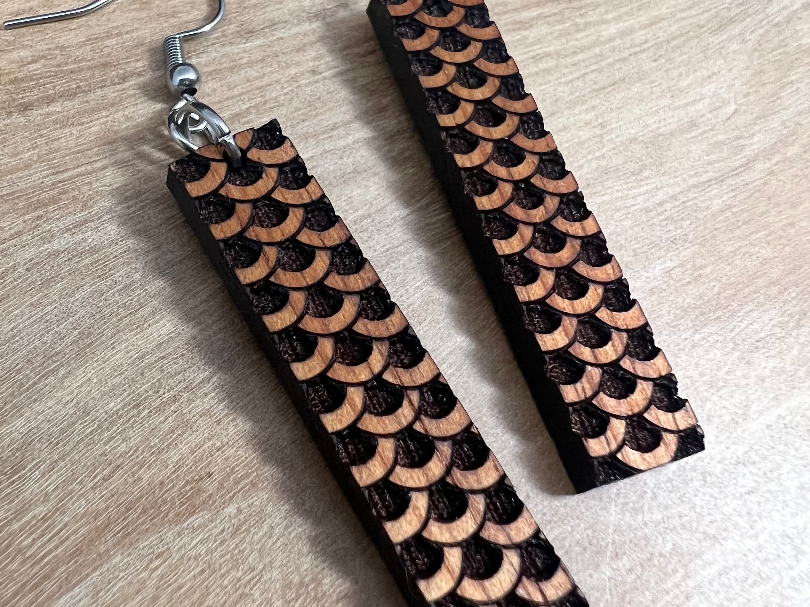 Engraved Koa Fish Scale Earrings (short)