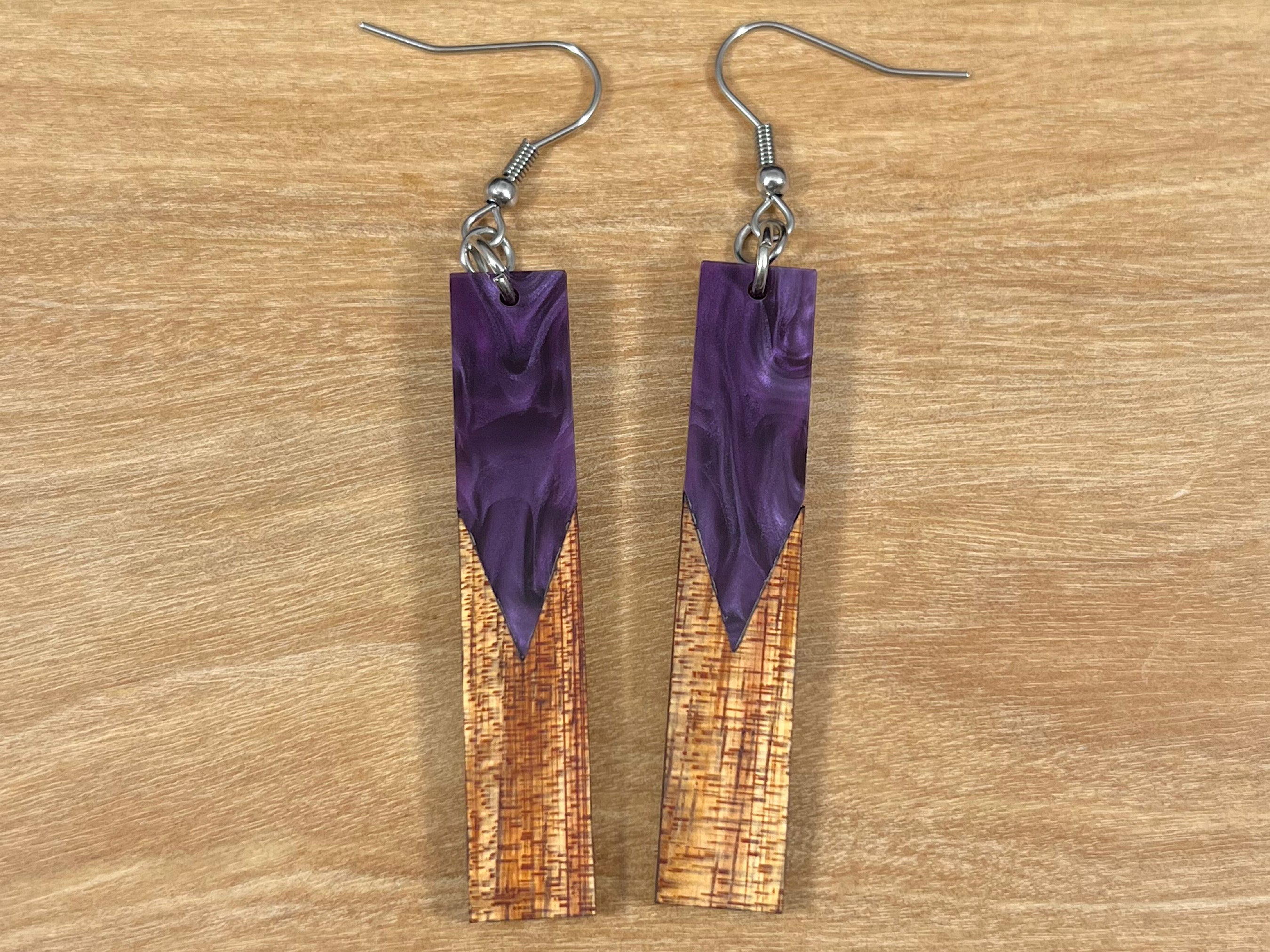 Acrylic and Koa Wood Earrings Purple Pearl