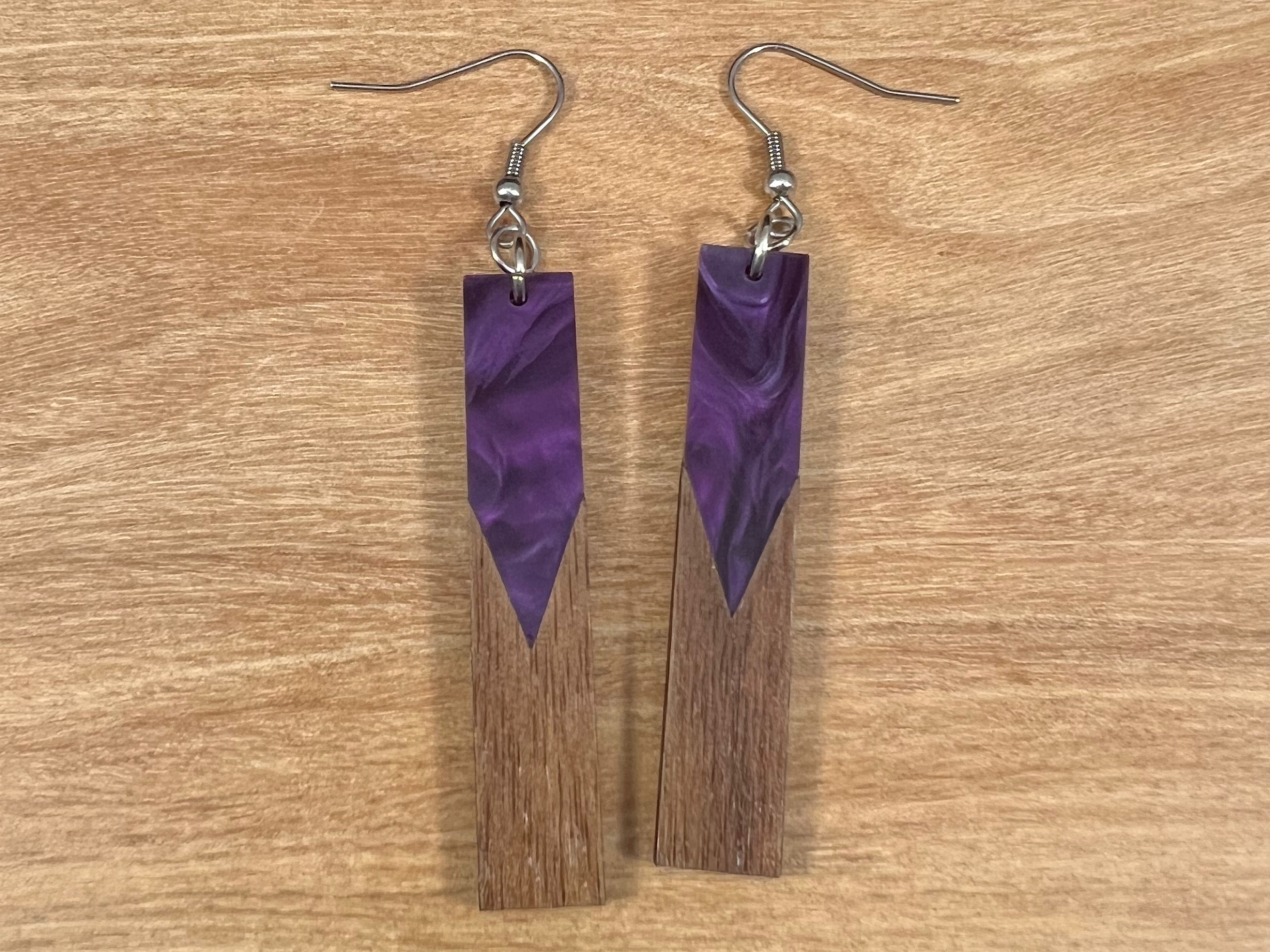 Acrylic and Walnut Wood Earrings Purple Pearl