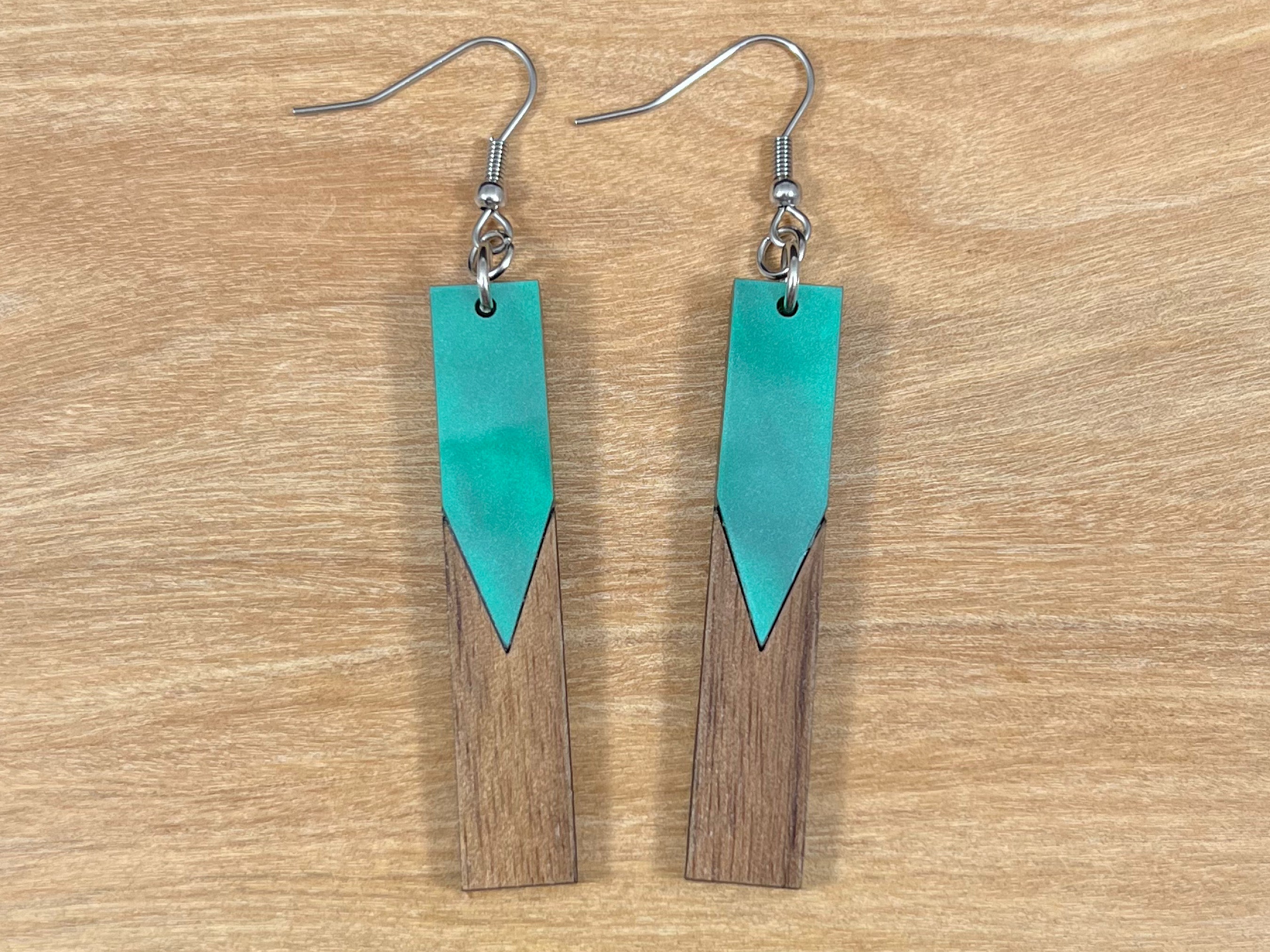 Acrylic and Walnut Wood Earrings Green Pearl