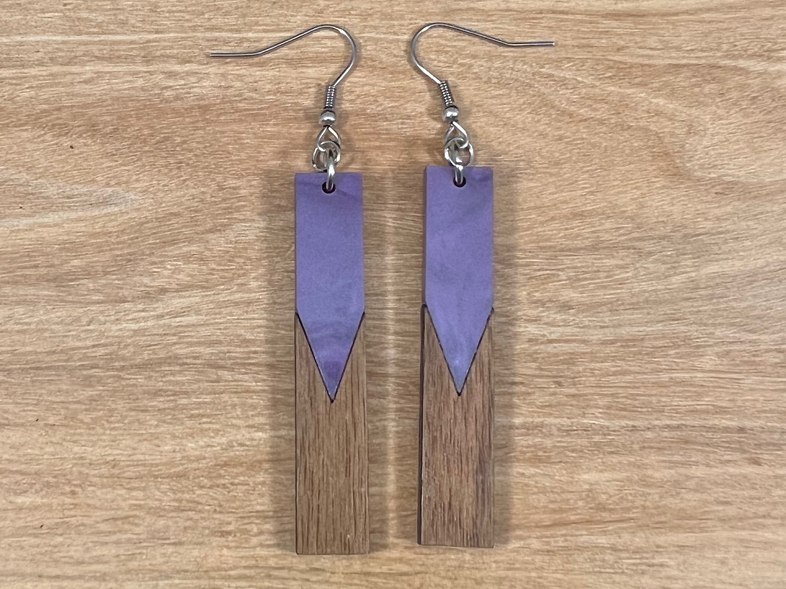 Acrylic and Walnut Wood Earrings Purple Pearl