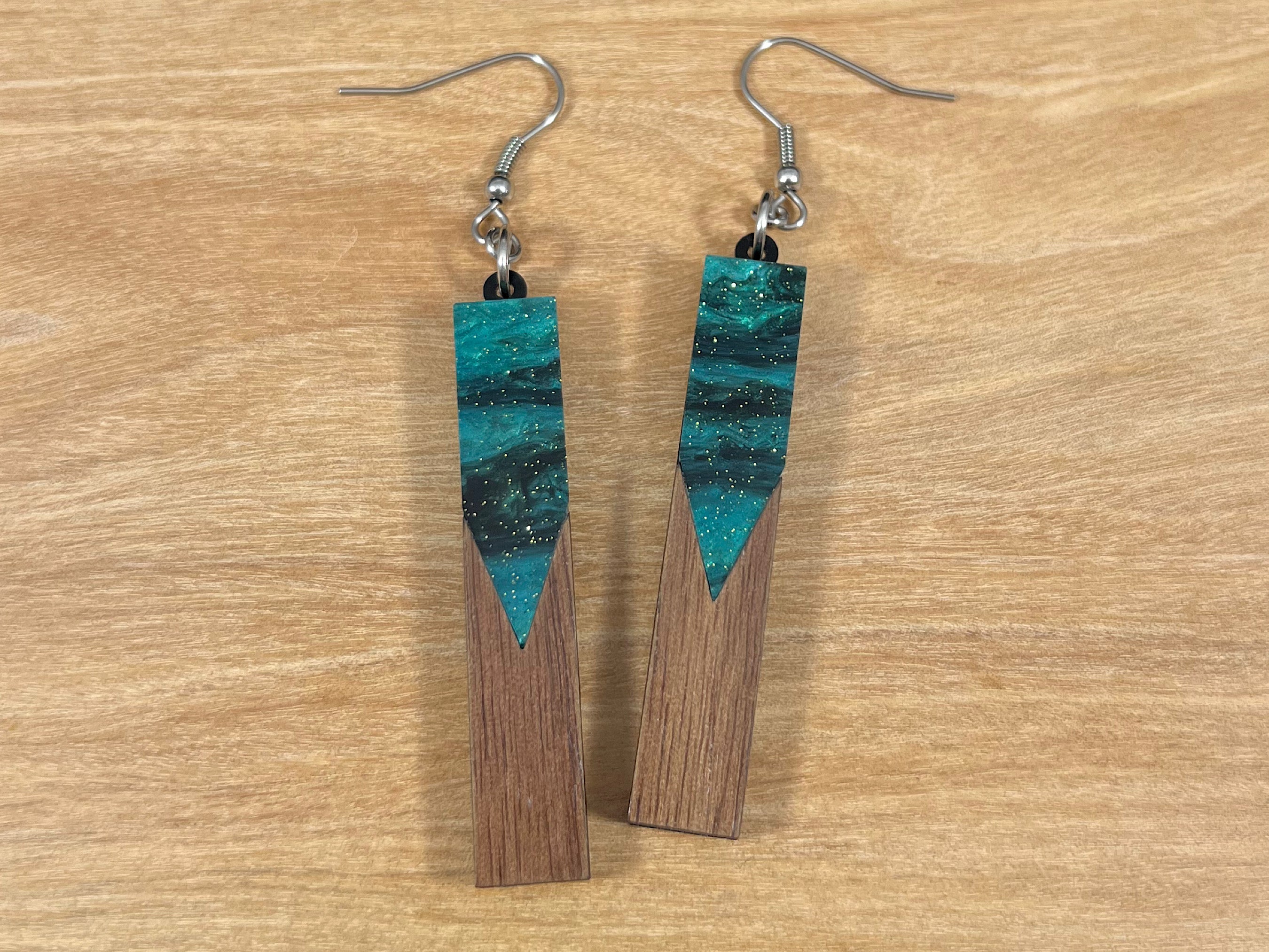 Acrylic and Walnut Wood Earrings Emerald Starry Sky