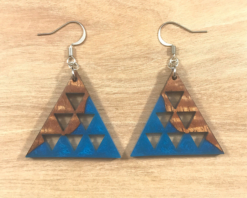 Handmade Koa and Resin Mauna Earrings Blue