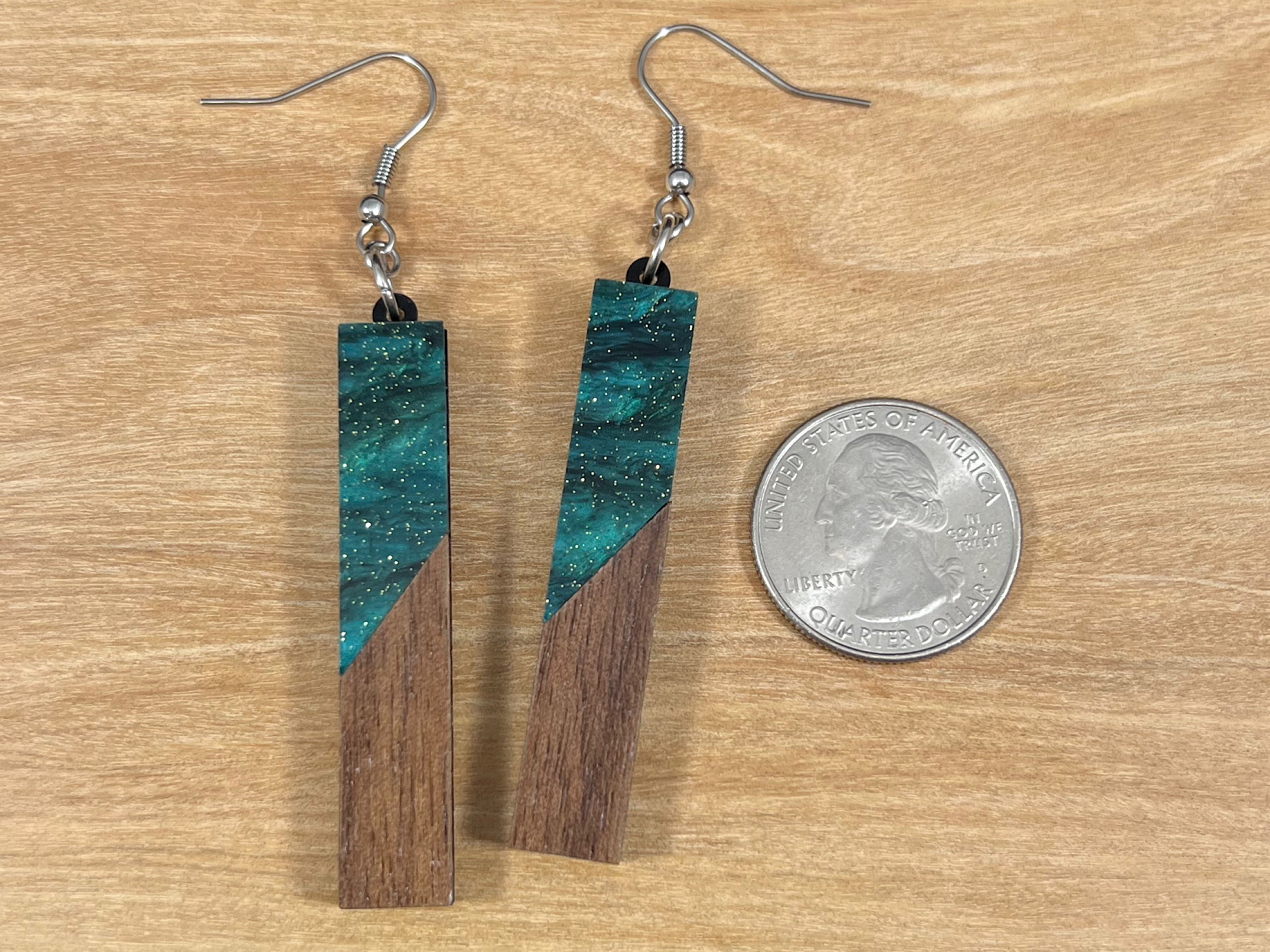 Acrylic and Walnut Wood Earrings Emerald Starry Sky