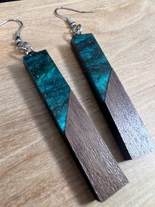 Acrylic and Walnut Wood Earrings Emerald Starry Sky