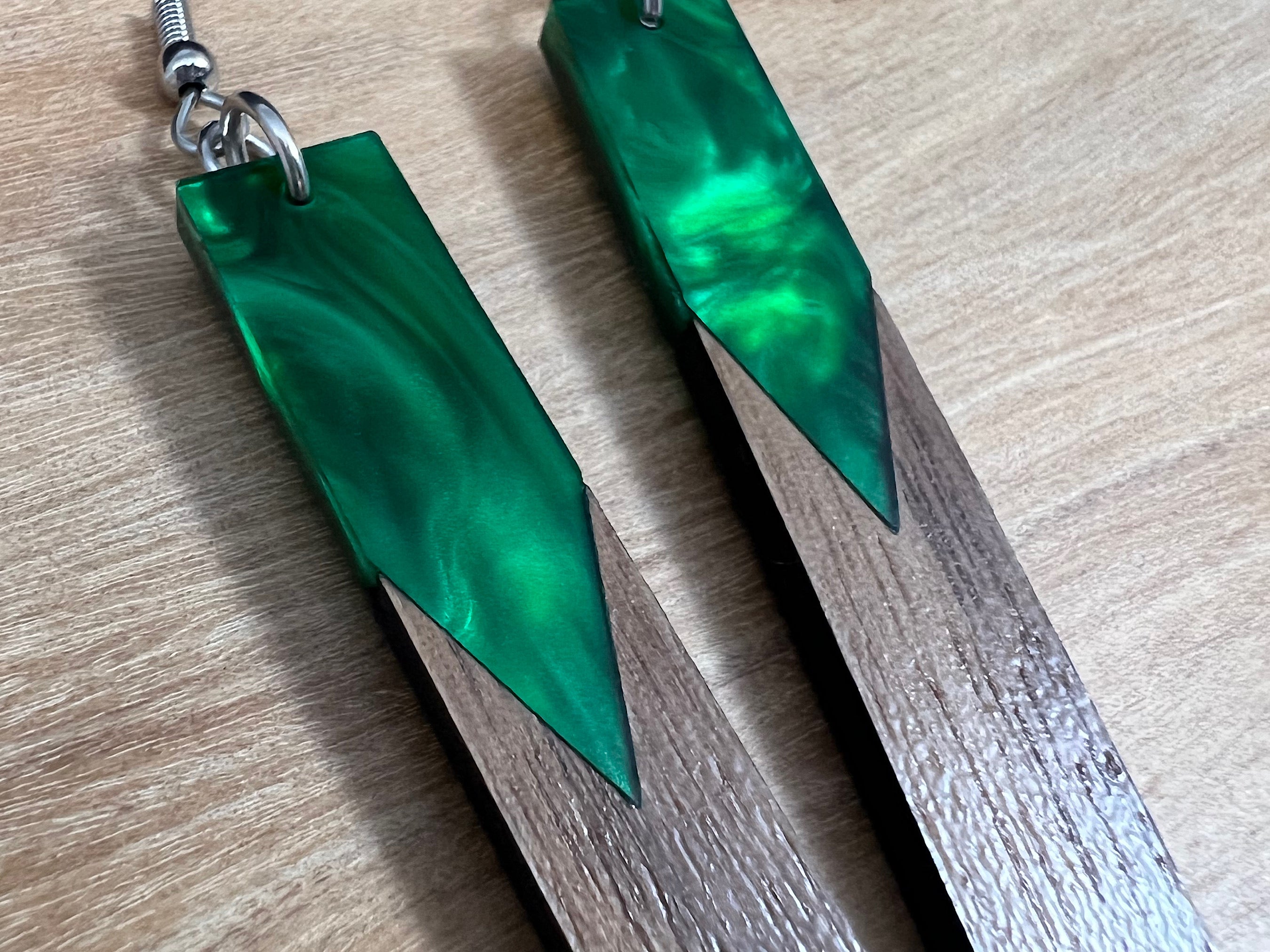 Acrylic and Walnut Wood Earrings Green Pearl