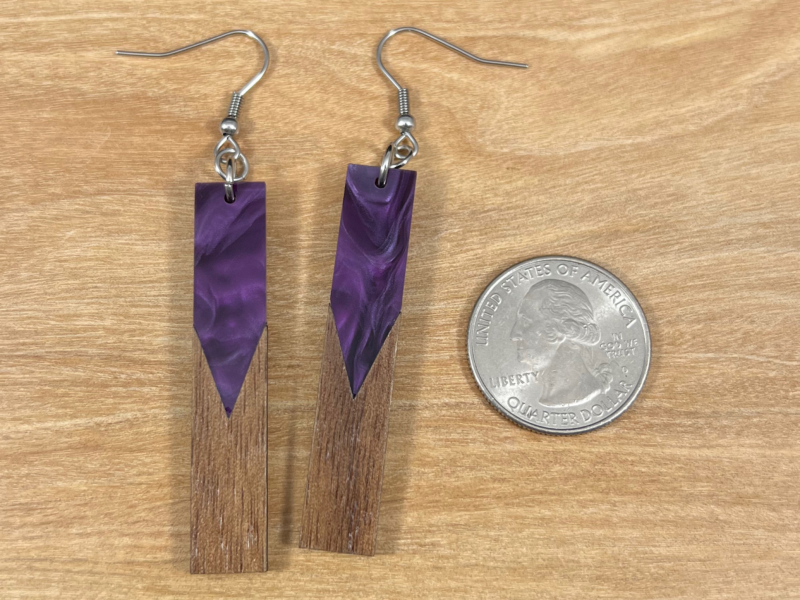 Acrylic and Walnut Wood Earrings Purple Pearl