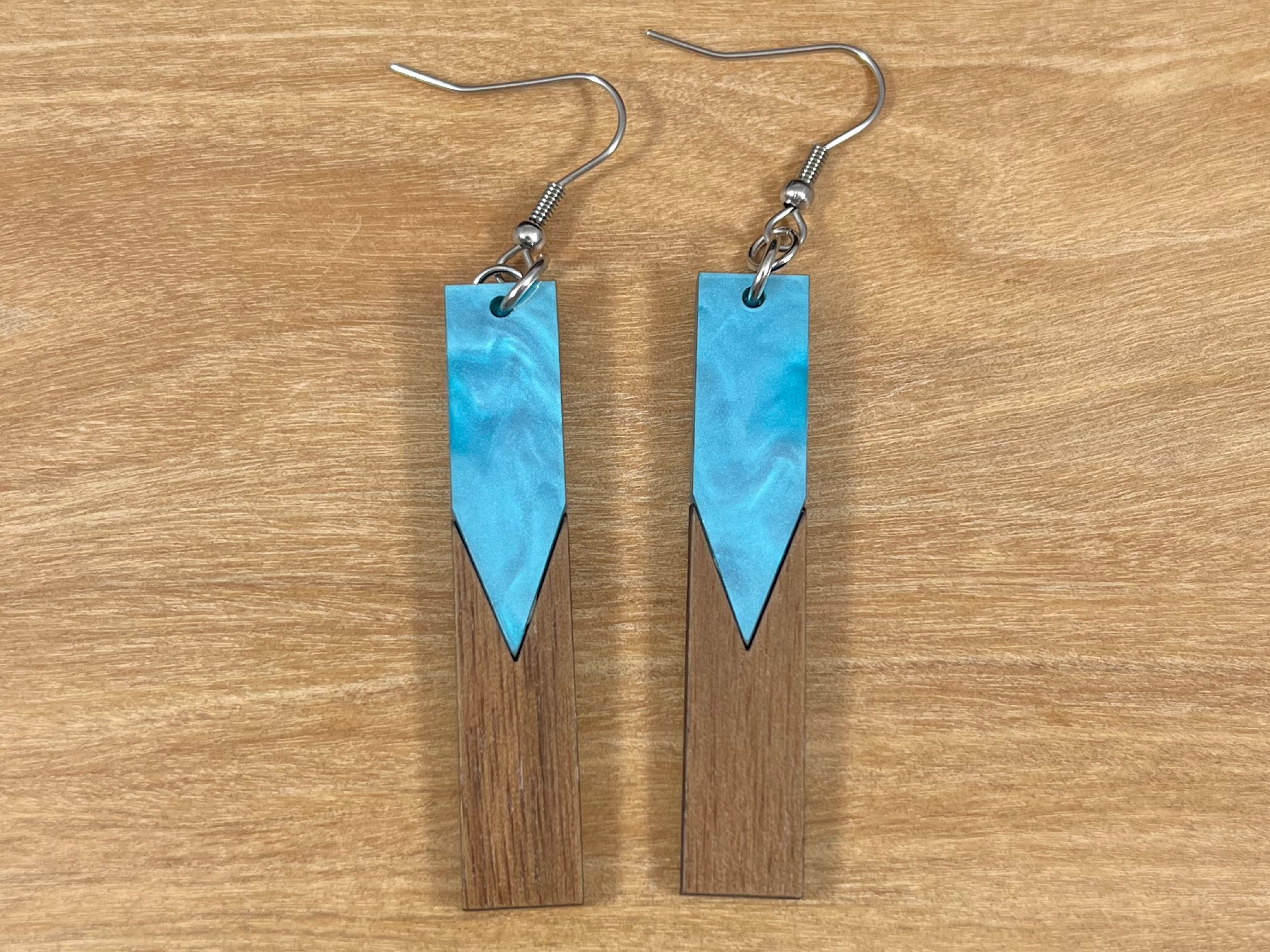 Acrylic and Walnut Wood Earrings Blue Pearl