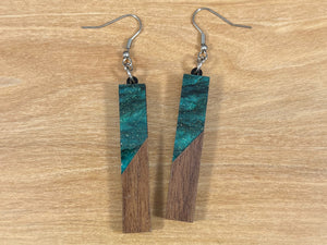 Acrylic and Walnut Wood Earrings Emerald Starry Sky