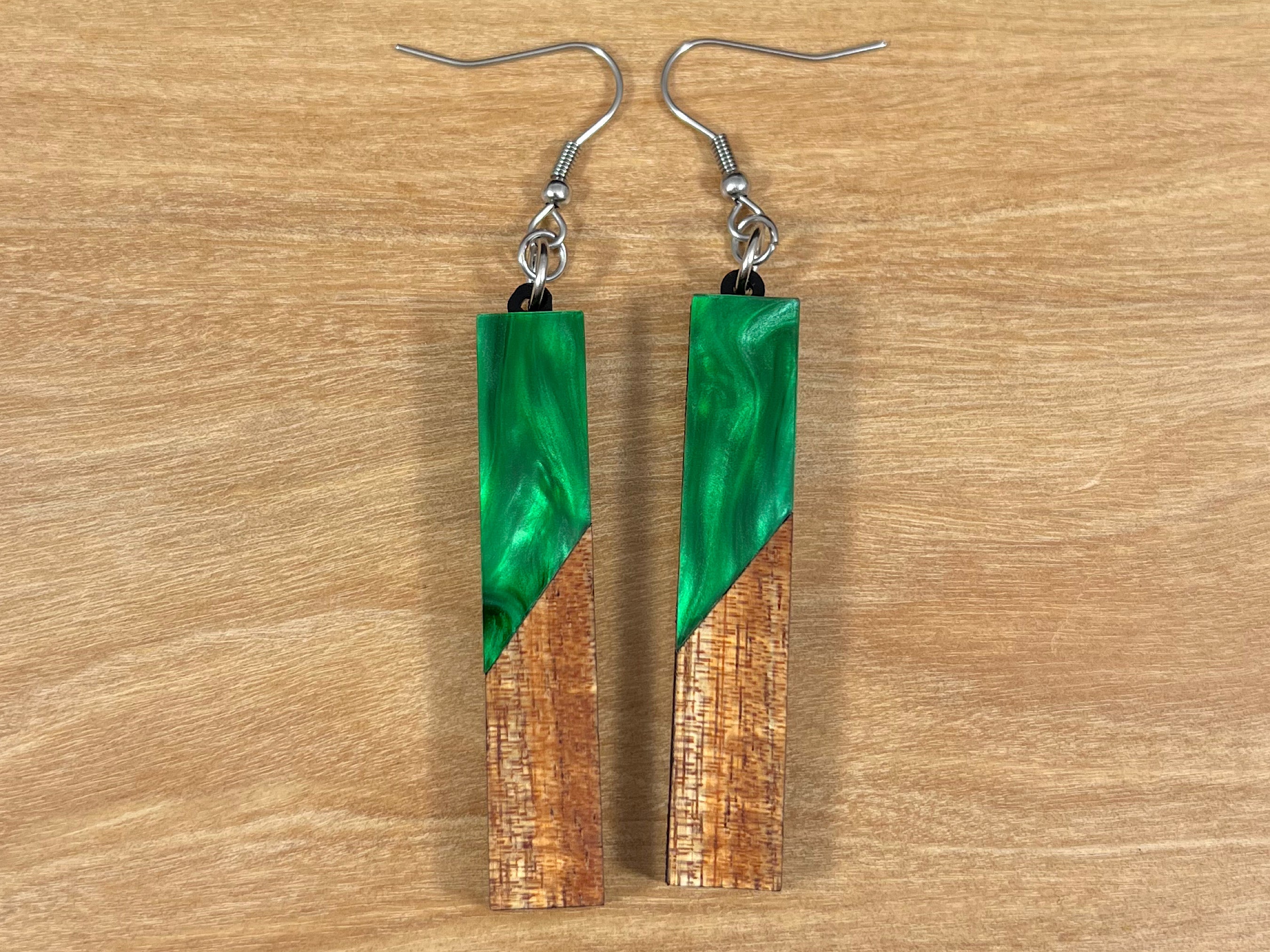 Acrylic and Koa Wood Earrings Green Pearl