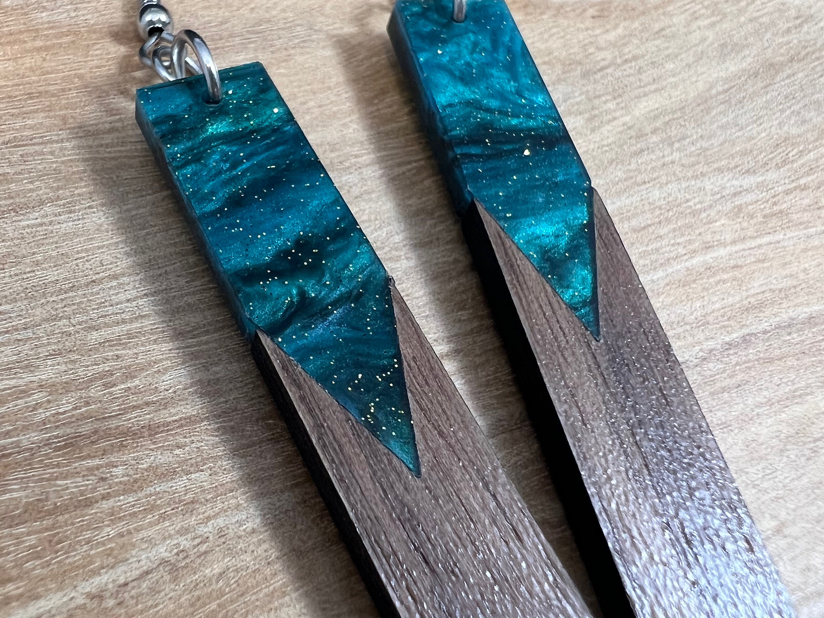 Acrylic and Walnut Wood Earrings Emerald Starry Sky