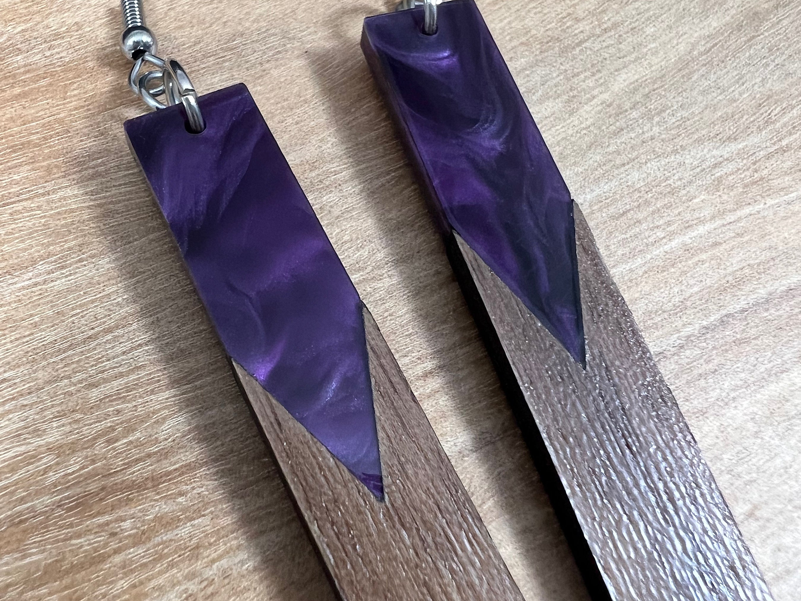 Acrylic and Walnut Wood Earrings Purple Pearl