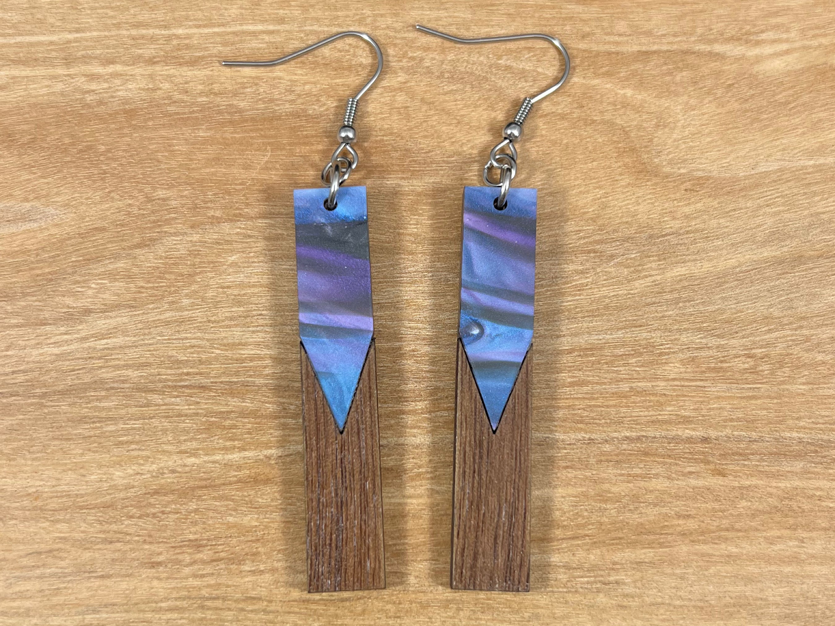 Acrylic and Walnut Wood Earrings Purple Starry Sky