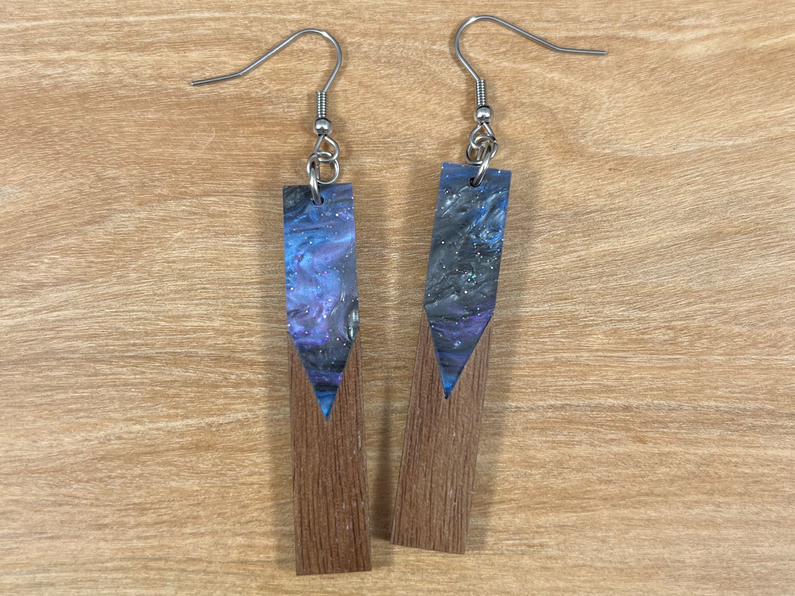 Acrylic and Walnut Wood Earrings Purple Starry Sky