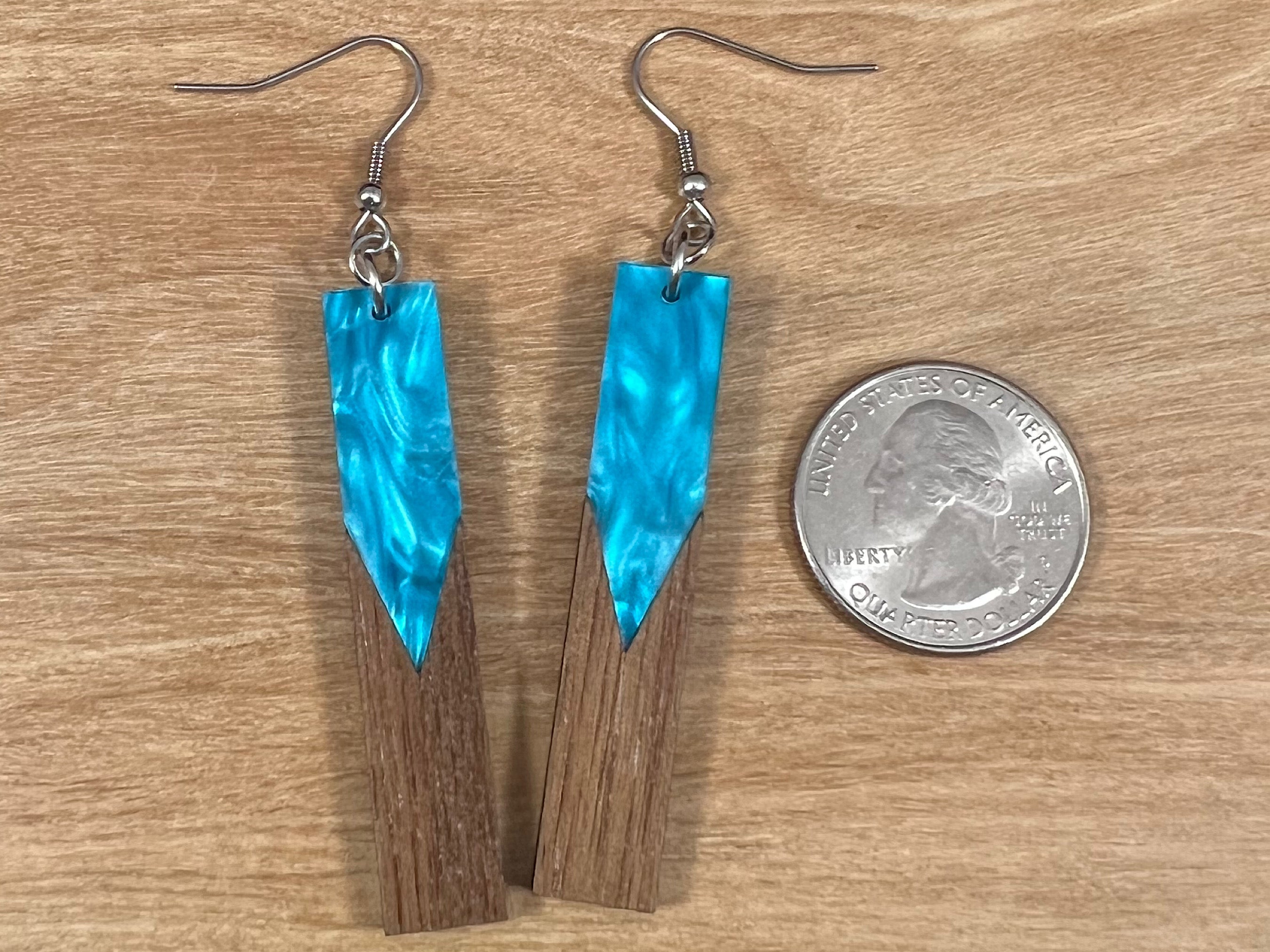 Acrylic and Walnut Wood Earrings Blue Pearl