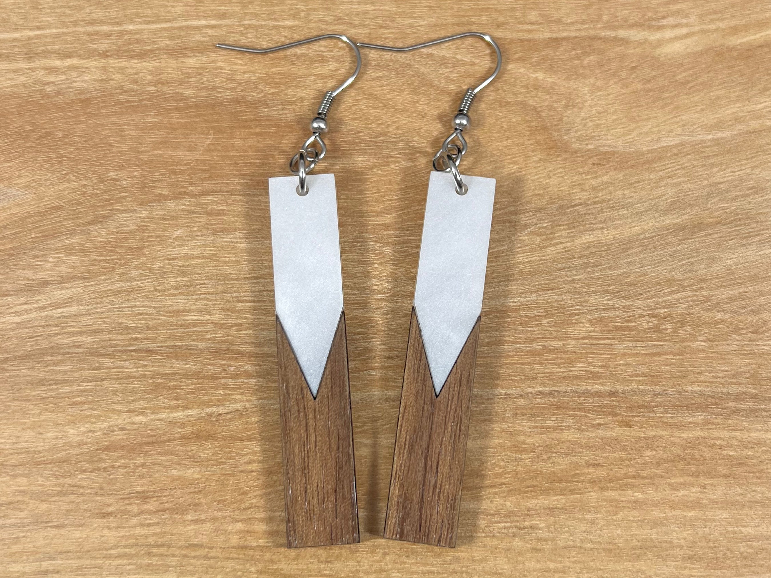 Acrylic and Walnut Wood Earrings White Pearl