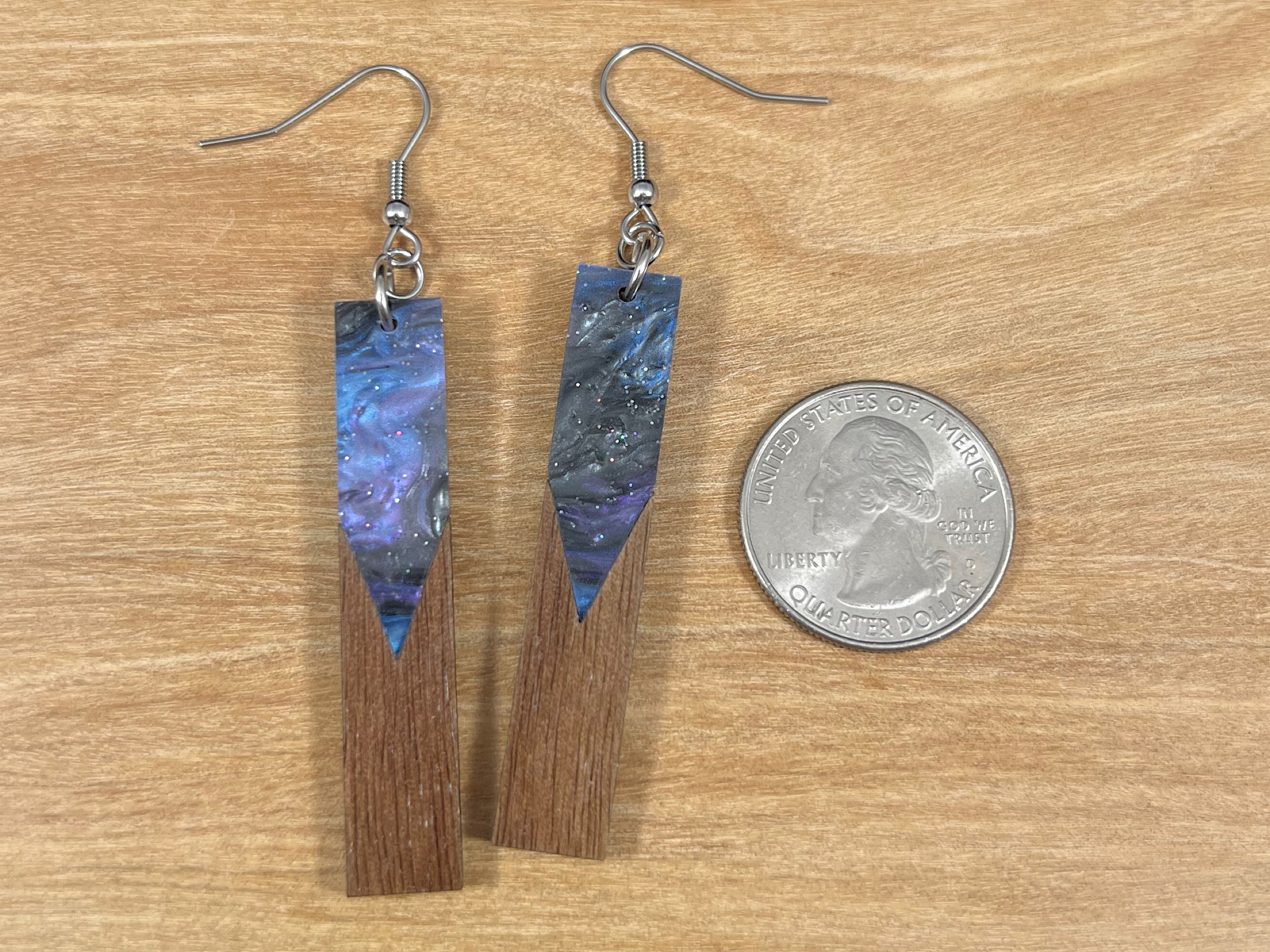 Acrylic and Walnut Wood Earrings Purple Starry Sky