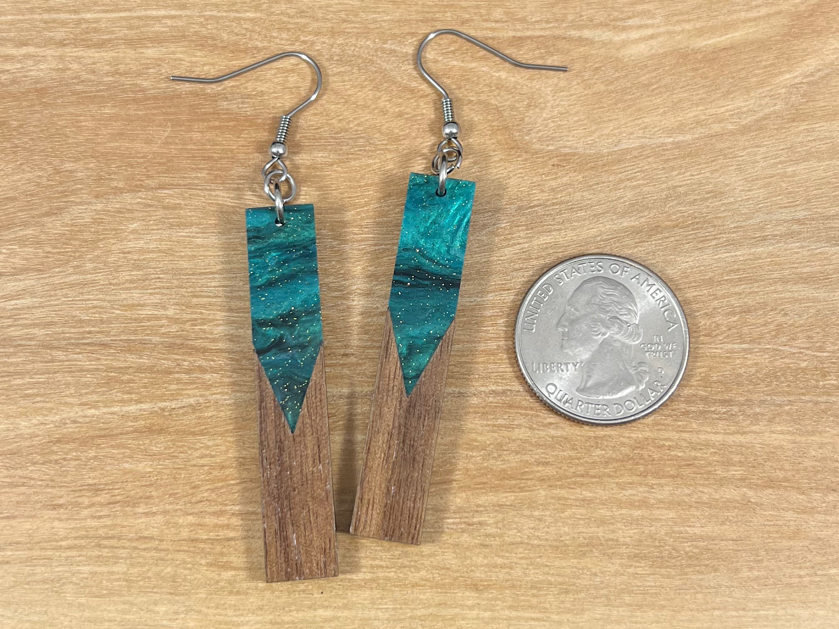 Acrylic and Walnut Wood Earrings Emerald Starry Sky