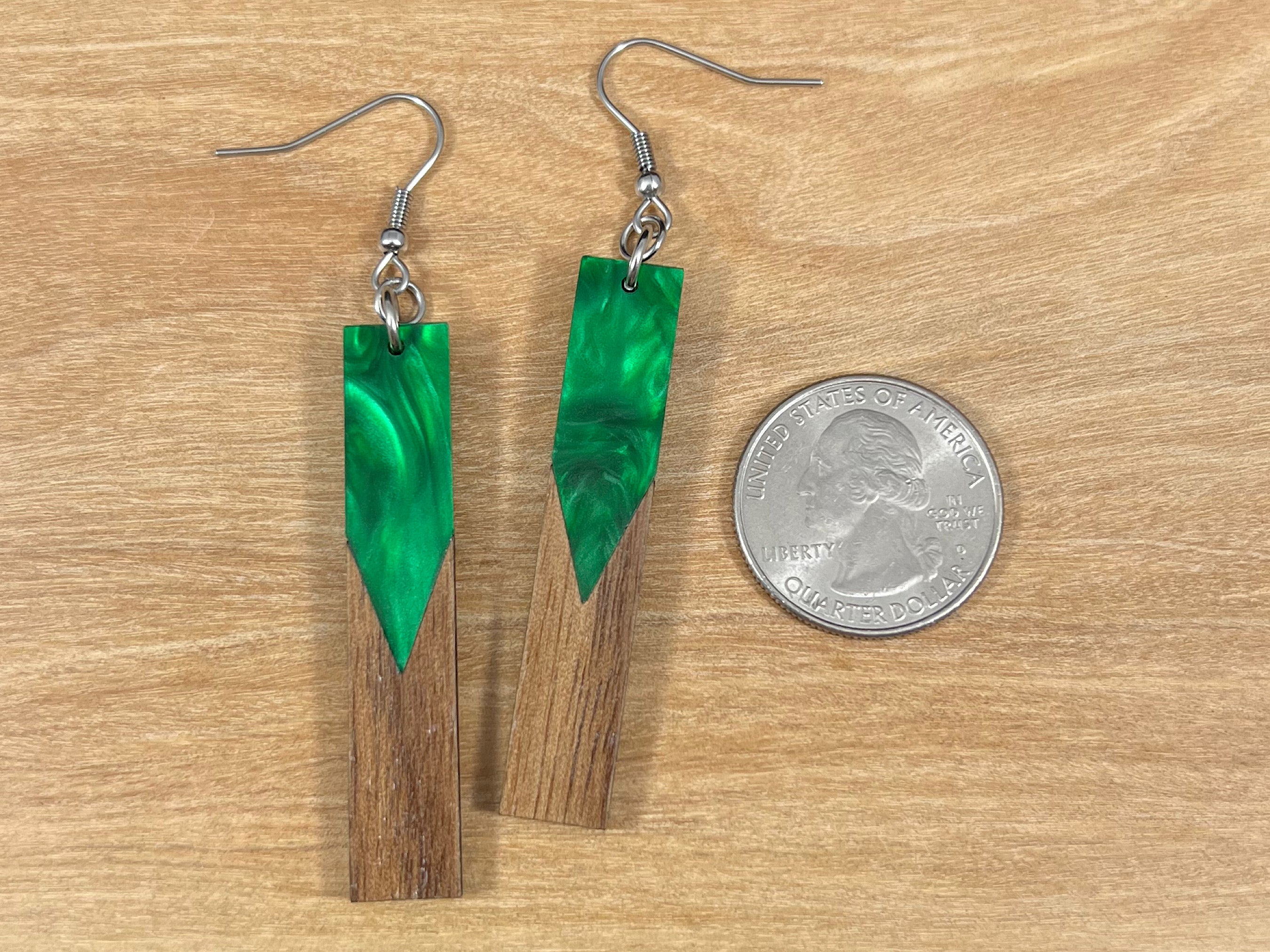 Acrylic and Walnut Wood Earrings Green Pearl