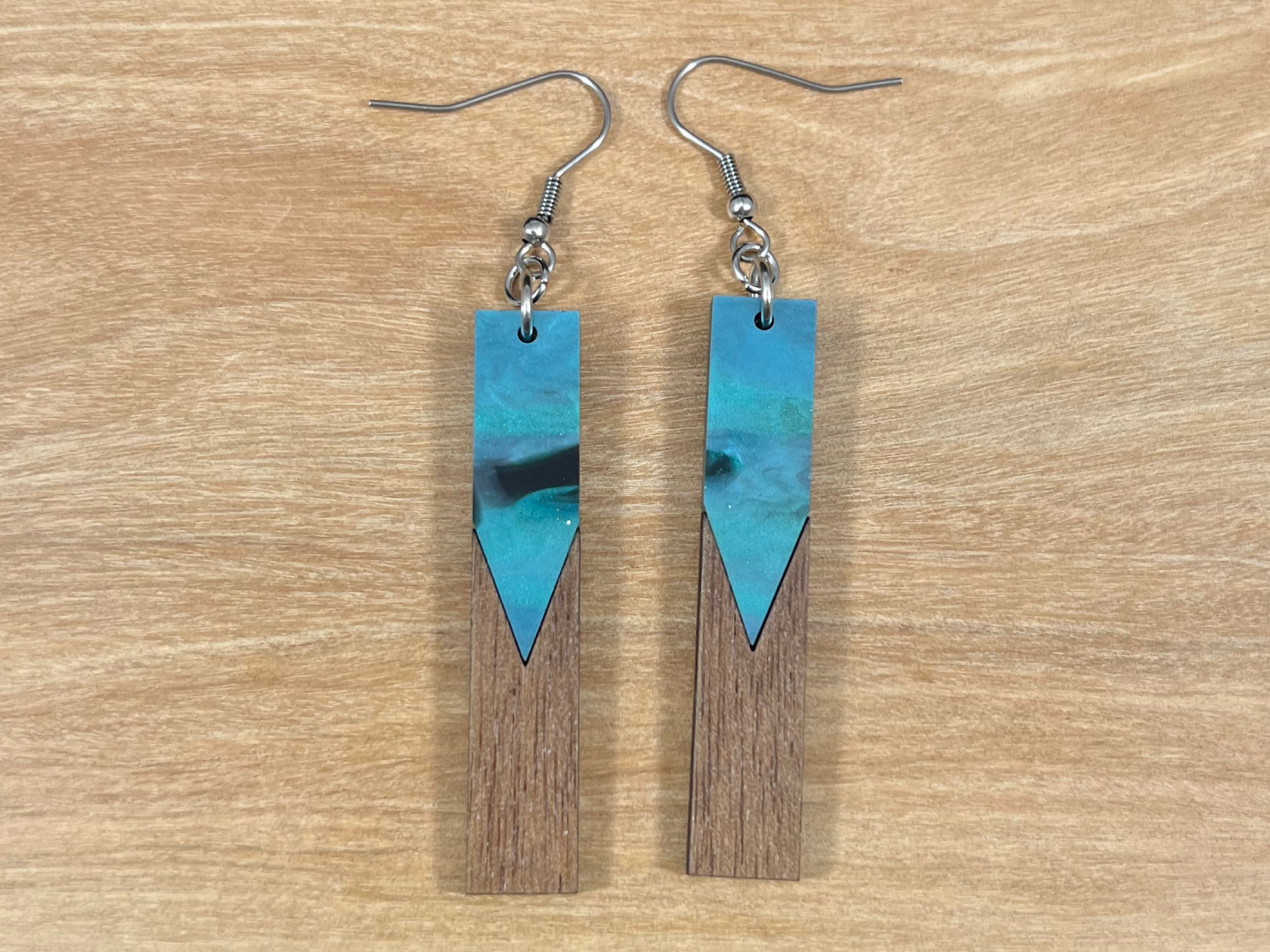 Acrylic and Walnut Wood Earrings Emerald Starry Sky