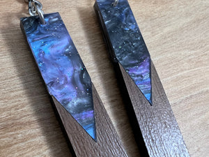 Acrylic and Walnut Wood Earrings Purple Starry Sky